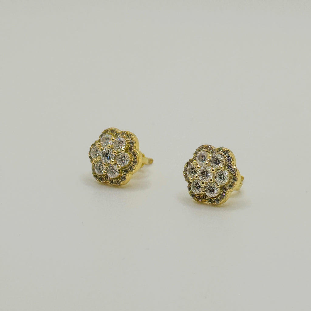 A pair of gold stud earrings with a cluster of clear pavé gemstones, shown on a plain light gray background.