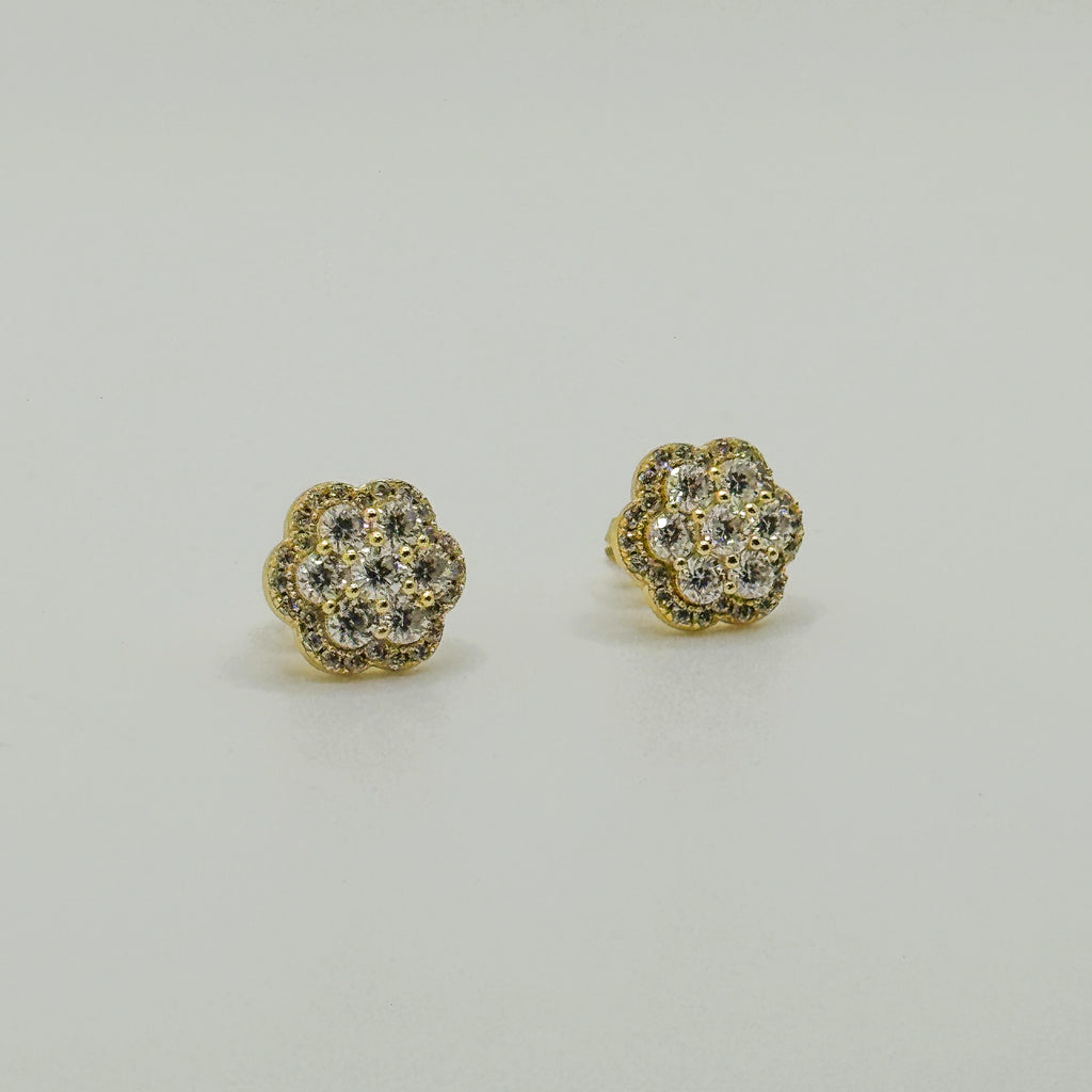 A pair of gold stud earrings with a cluster of clear pavé gemstones, shown on a plain light gray background.